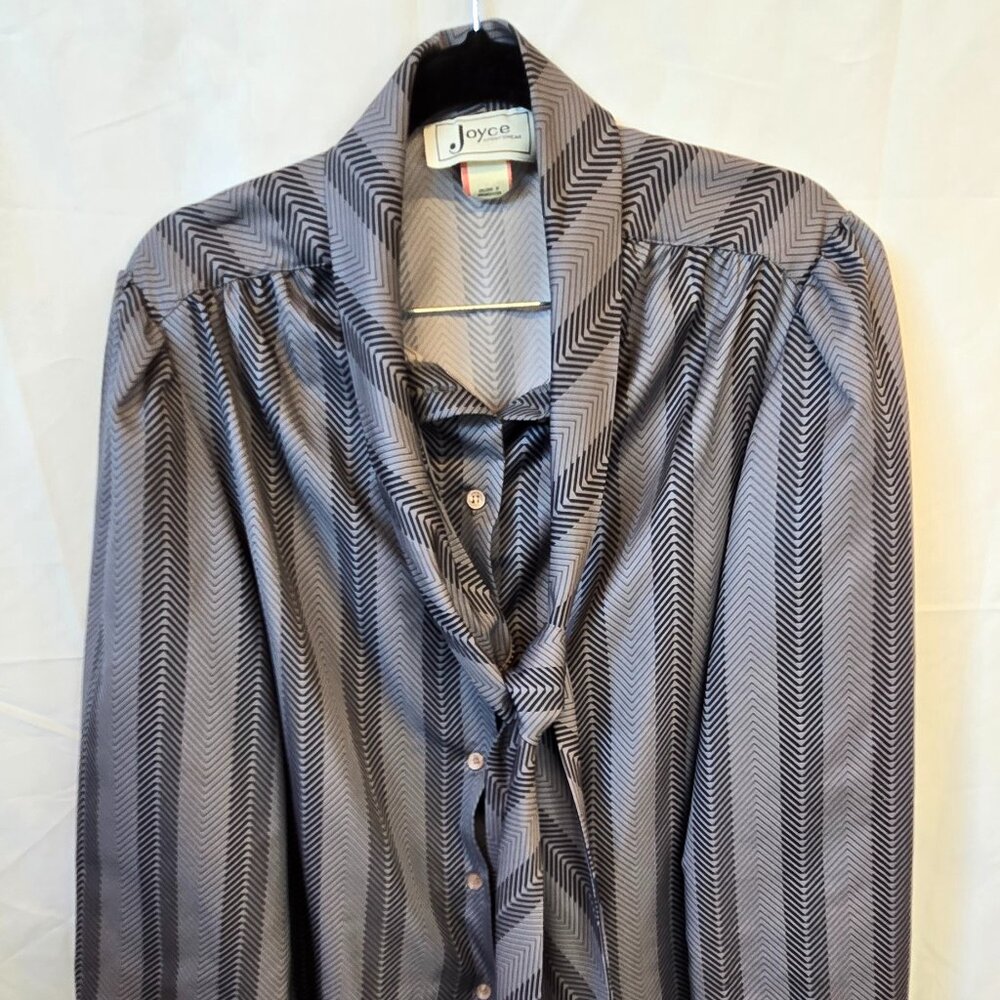 Vintage Joyce Sportswear Gray & Black Button Up Blouse, Size 12, Tie Neck